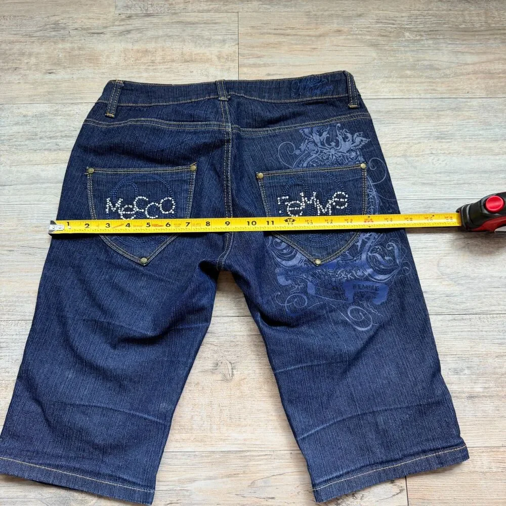 Y2K Urban Streetwear Mecca Femme Denim Bermuda Shorts Bling Pockets Size 7/8